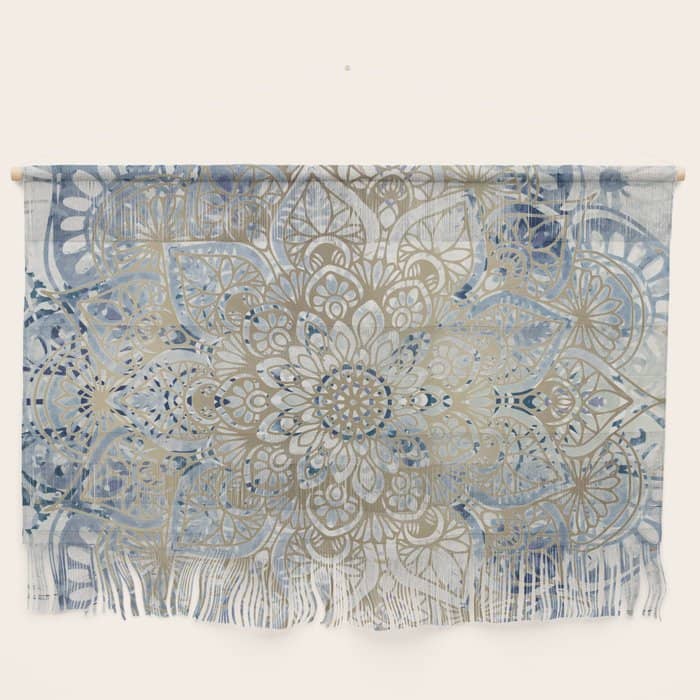 Mandala Flower, Blue And Gold, Floral Prints Wall Hanging