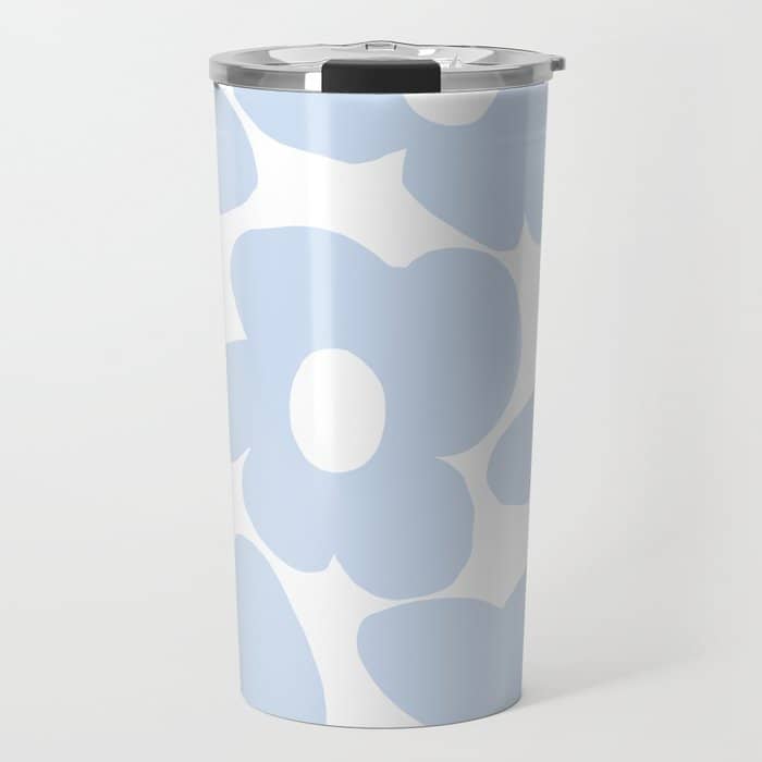 Large Baby Blue Retro Flowers White Background #Decor #Homestorie #Buyart Travel Mug
