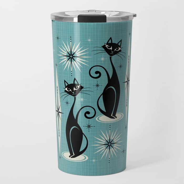 Mid Century Meow Retro Atomic Cats On Blue Travel Mug
