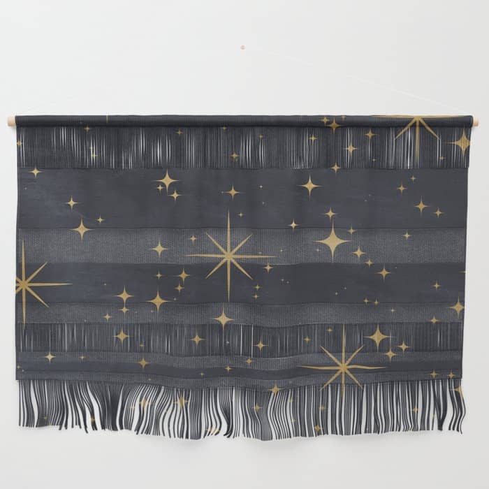 Gold Stars Black Ink Night Sky Magical Mid Century Pattern Wall Hanging