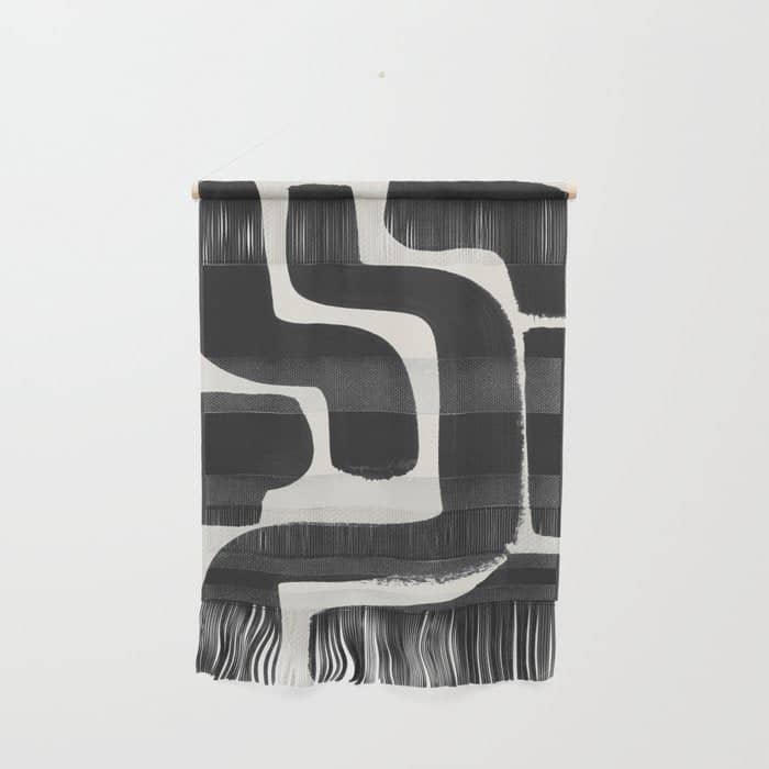 Black Ink Paint Brush Strokes Abstract Organic Pattern Mid Century Style Wall Hanging