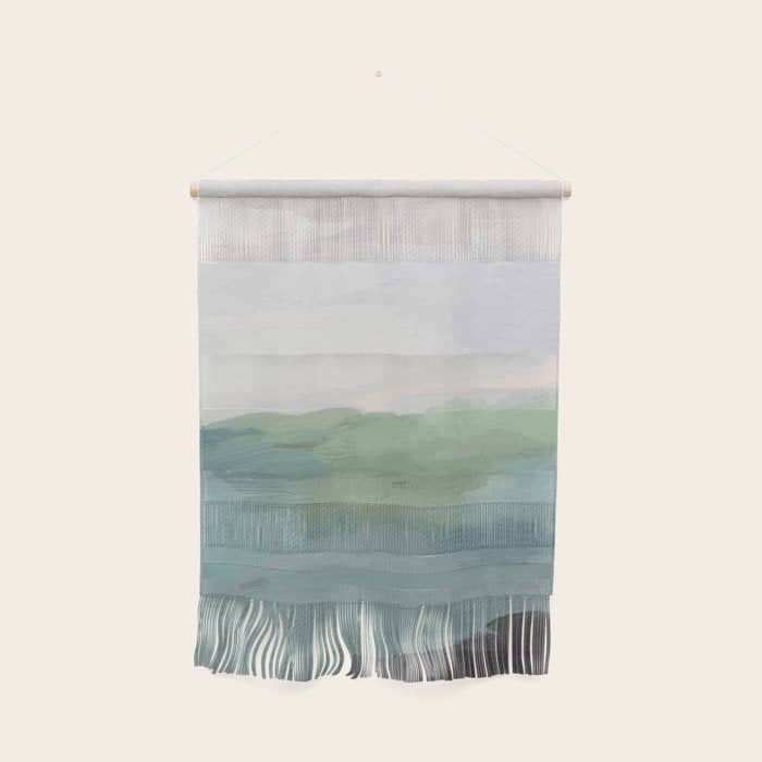 Farmland Sunset I - Seafoam Green Mint Black Blush Pink Abstract Nature Land Art Painting Wall Hanging