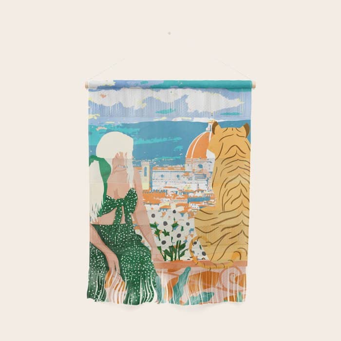 The Italian View, Woman Tiger Travel, Europe Architecture Illustration, Animals Bohemian Wall Hanging