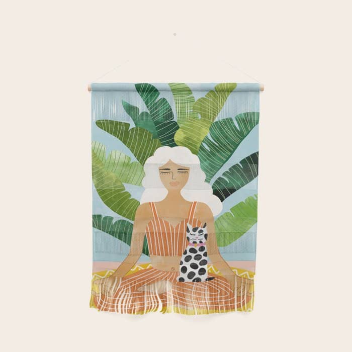 Meditation With Thy Cat Poster | Blonde Woman Of Color | Tropical Banana Leaves Quirky Pet Workout  Wall Hanging