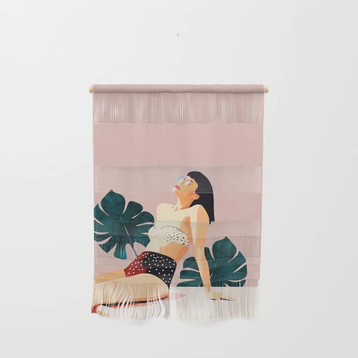 Sunday, Summer Swim Poolside Fashion, Bohemian Woman Sunbath Tan Bikini Monstera Tropical Travel Wall Hanging