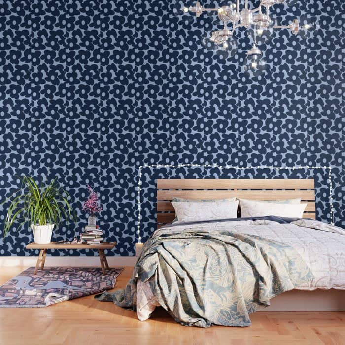 Large Dark Blue Retro Flowers Baby Blue Background #Decor #Homestorie #Buyart Wallpaper