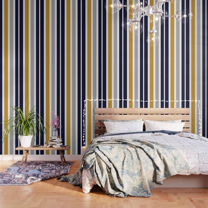 Quattro Stripe Minimalist Broad Stripe Color Block Pattern In Mustard Yellow, Navy Blue, Gray, White Wallpaper