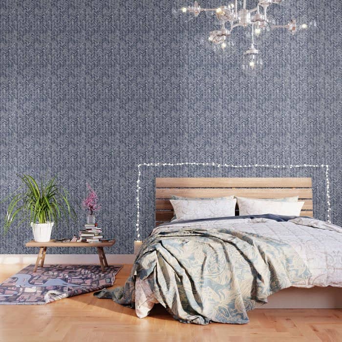 Boho Herringbone Pattern, Navy Blue And White Wallpaper