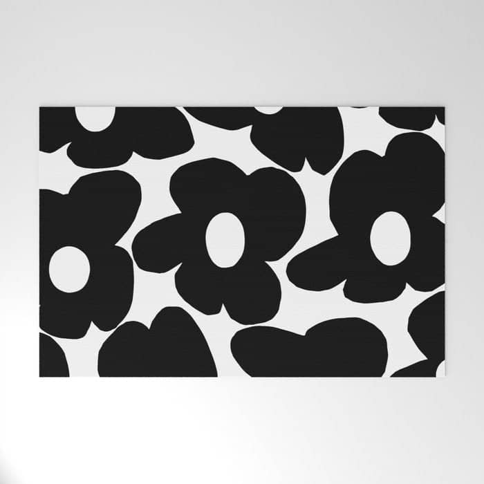 Black Retro Flowers White Background #Decor #Homestorie #Buyart Welcome Mat