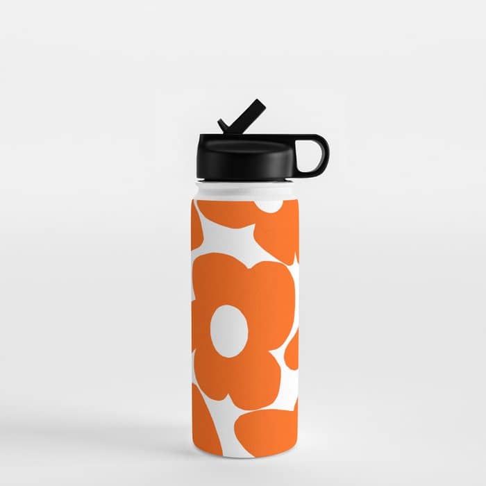 Orange Retro Flowers White Background #Decor #Homestorie #Buyart Water Bottle