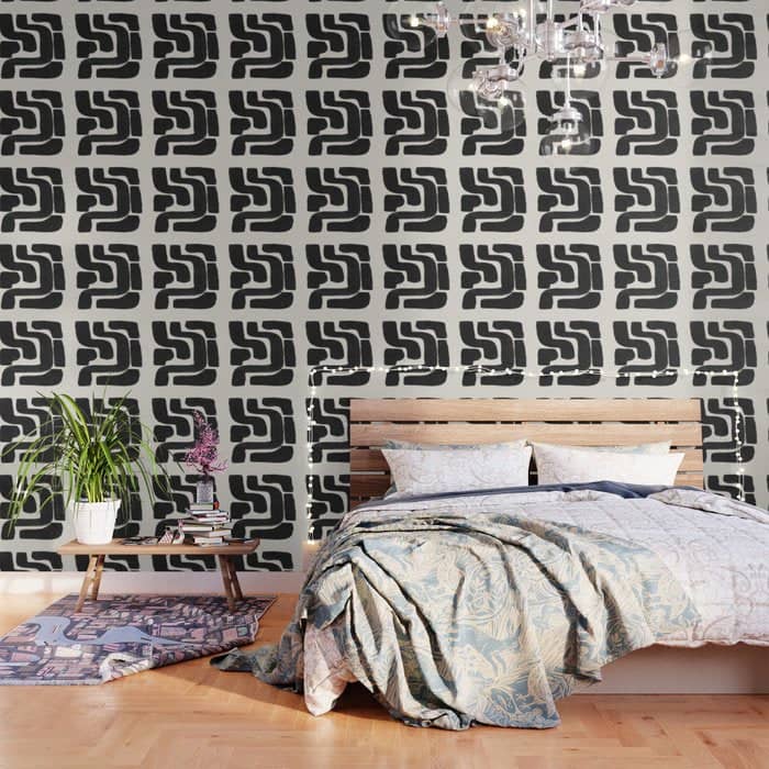 Black Ink Paint Brush Strokes Abstract Organic Pattern Mid Century Style Wallpaper