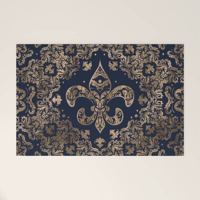 Luxury Fleur-De-Lis Ornament - Gold And Dark Blue Welcome Mat