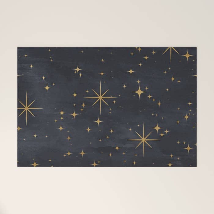 Gold Stars Black Ink Night Sky Magical Mid Century Pattern Welcome Mat