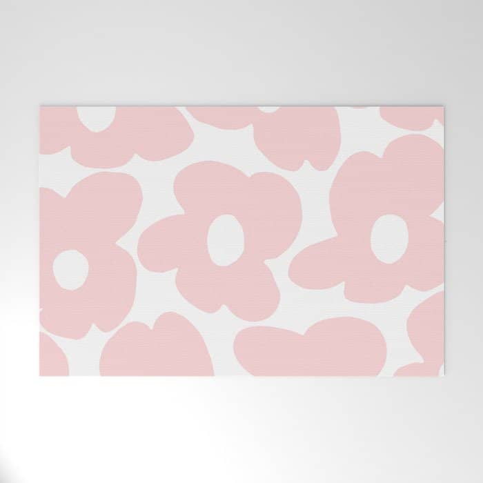 Large Baby Pink Retro Flowers On White Background #Decor #Homestorie #Buyart Welcome Mat