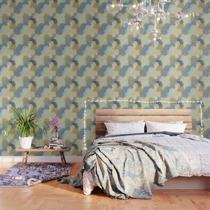 Floral Print, Yellow, Gray, Blue, Teal Wallpaper