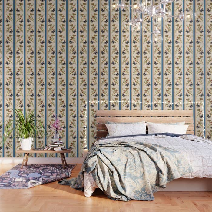 Antique Napoleonic Toile With Stripes And Butterflies Wallpaper