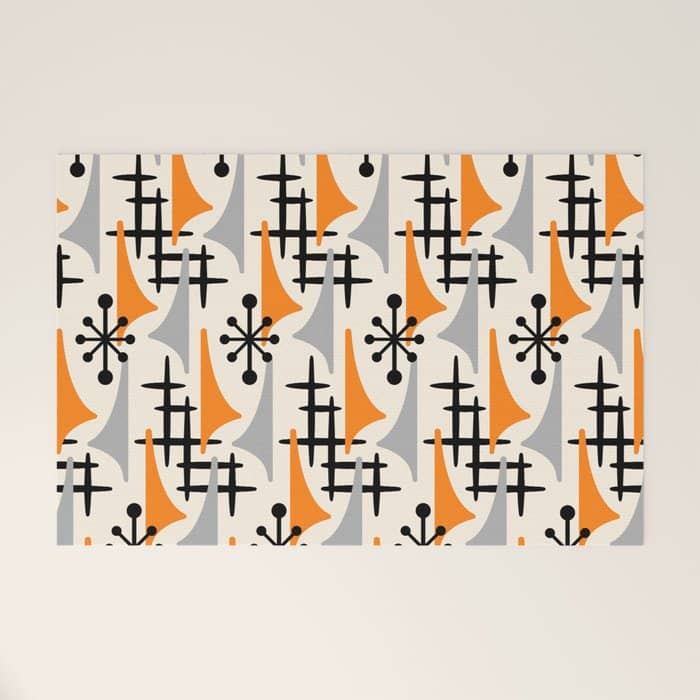 Retro 1950s Style Mid Century Modern Atomic Wing Pattern 834 Googie Orange And Gray Welcome Mat
