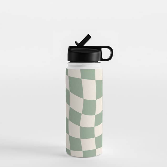 Sage Green Wavy Checkered Pattern Water Bottle