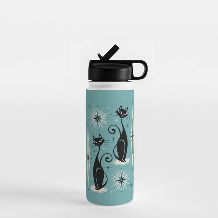 Mid Century Meow Retro Atomic Cats On Blue Water Bottle