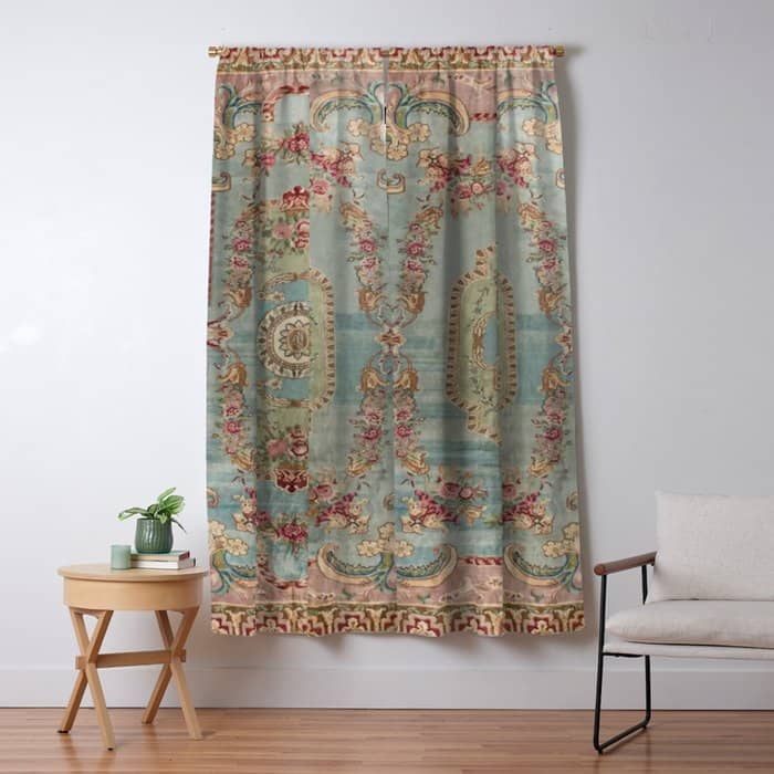 Antique French Rose Blue Aubusson  Window Curtain