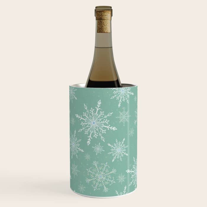 Elegant Winter Snowflake Pattern On Mint Green Background Wine Chiller