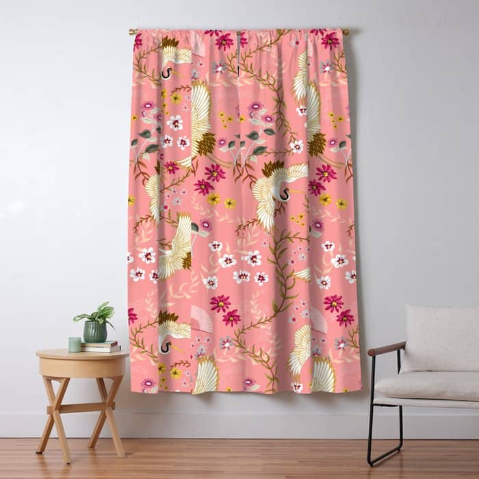 Chinoiserie Cranes On Pink, Birds, Flowers,  Window Curtain