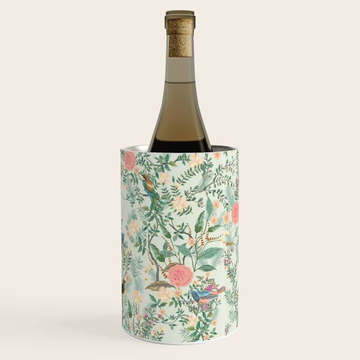 Chinoiserie Mint Green Pink Fresco Floral Garden Oriental Botanical  Wine Chiller
