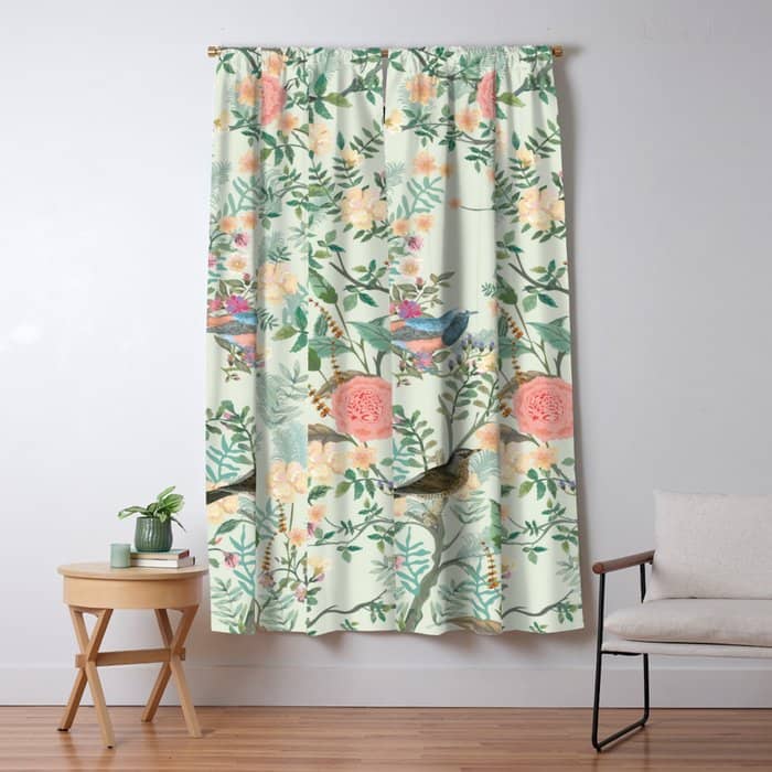 Chinoiserie Mint Green Pink Fresco Floral Garden Oriental Botanical  Window Curtain