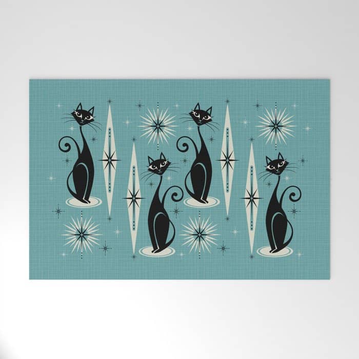 Mid Century Meow Retro Atomic Cats On Blue Welcome Mat