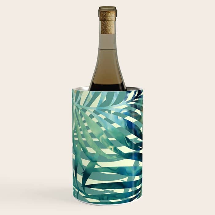 Tropical, Jungle, Palm Leaves, Watercolor Abstract, Blue And Green Wine Chiller