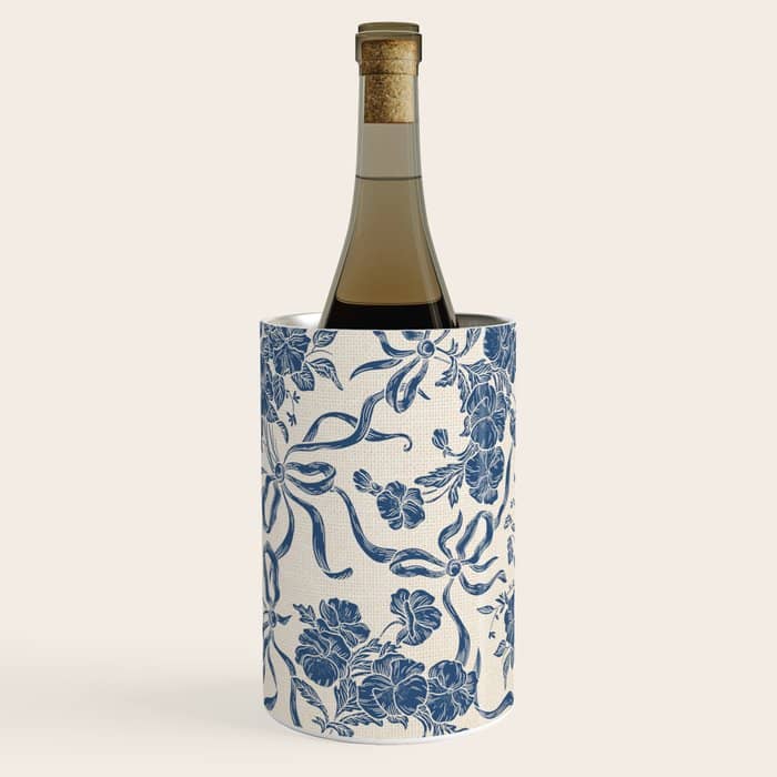 Chic Modern Vintage Ivory Navy Blue Floral Pattern Wine Chiller