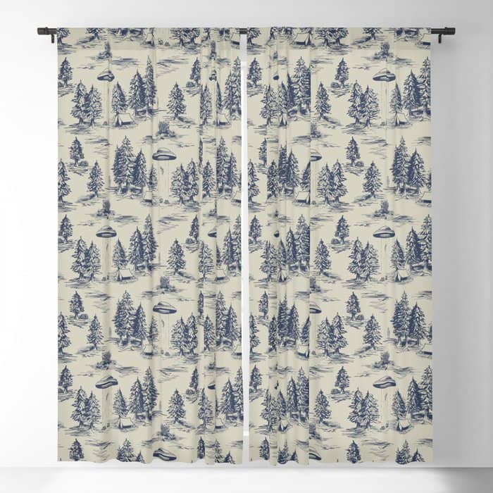 Alien Abduction Toile De Jouy Pattern In Blue Window Curtain