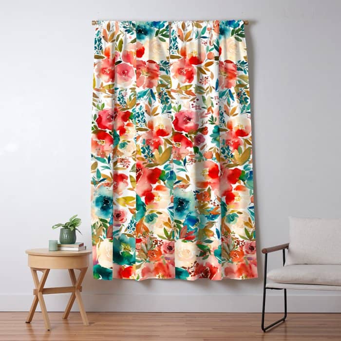 Red Turquoise Teal Floral Watercolor Window Curtain
