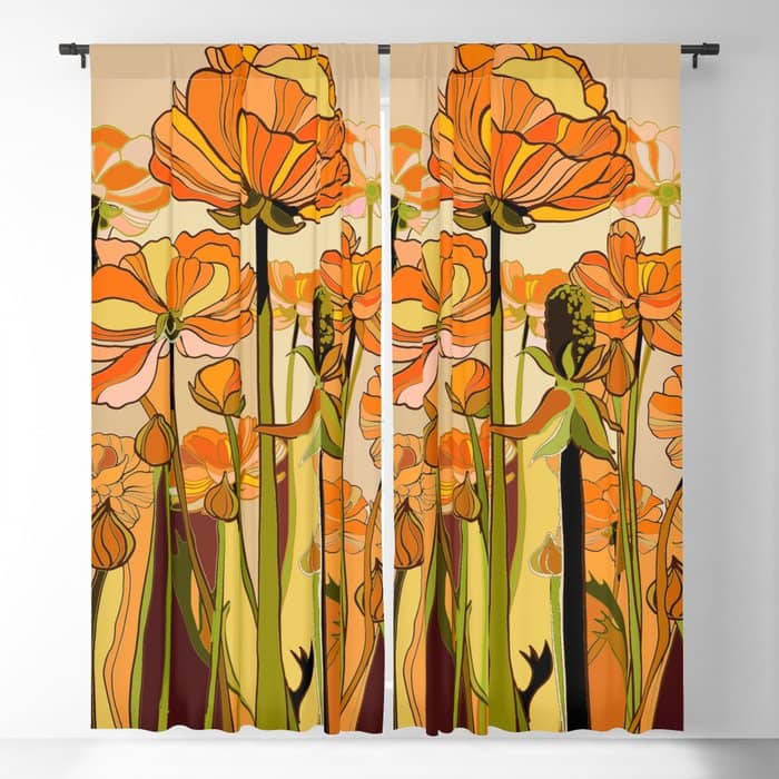 70s, Orange California Poppies, Mid Century, 70s Retro, Flowers Window Curtain