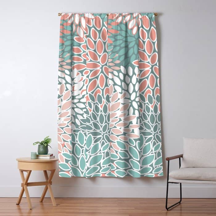 Festive, Floral Prints, Teal And Coral Window Curtain