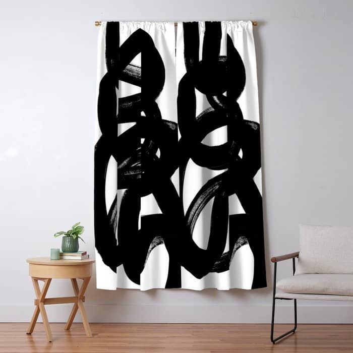 Swirl Black & White Minimalist Abstract Mid Century Ink Art Dark Brush Strokes Window Curtain