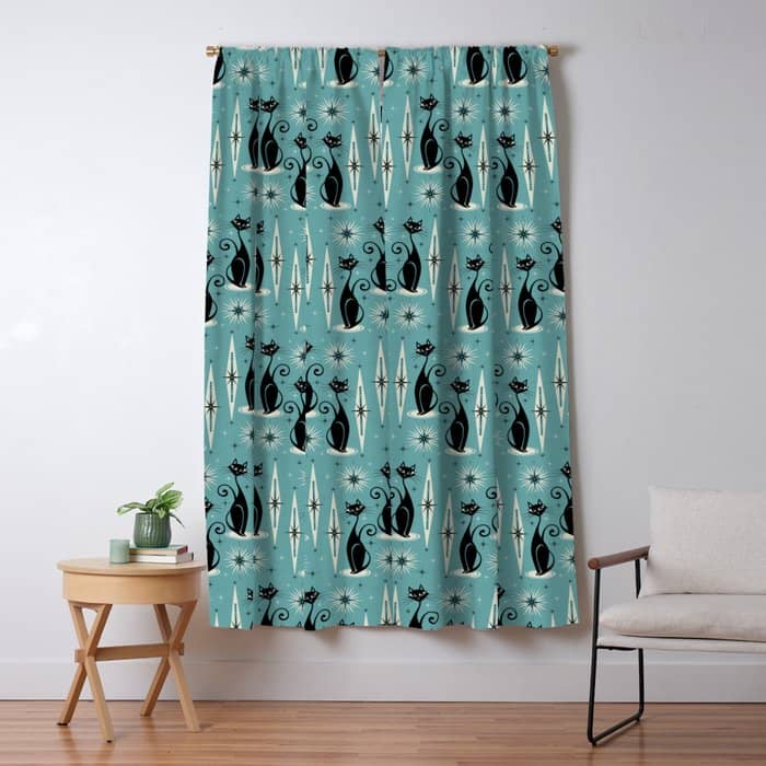 Mid Century Meow Retro Atomic Cats On Blue Window Curtain