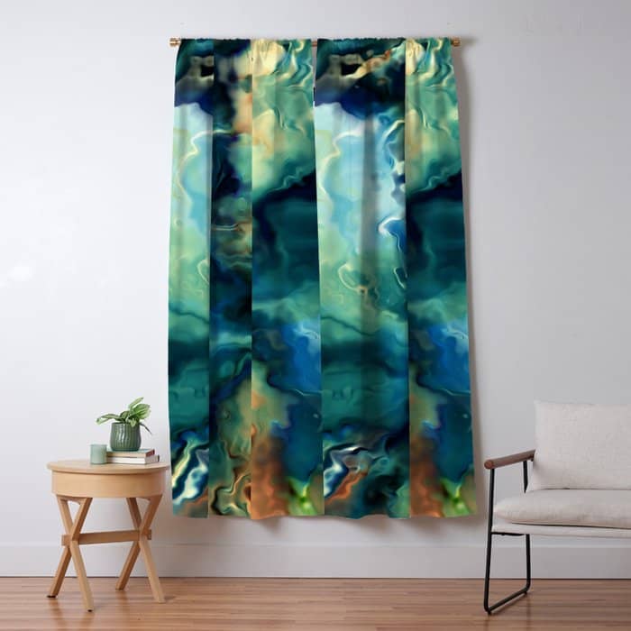 Marbled Ocean Abstract, Navy, Blue, Teal, Green Window Curtain