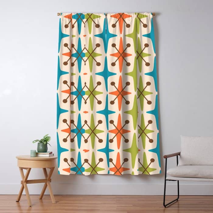 Mid Century Modern Atomic Starburst Pattern 441 Orange Brown Turquoise Chartreuse Window Curtain