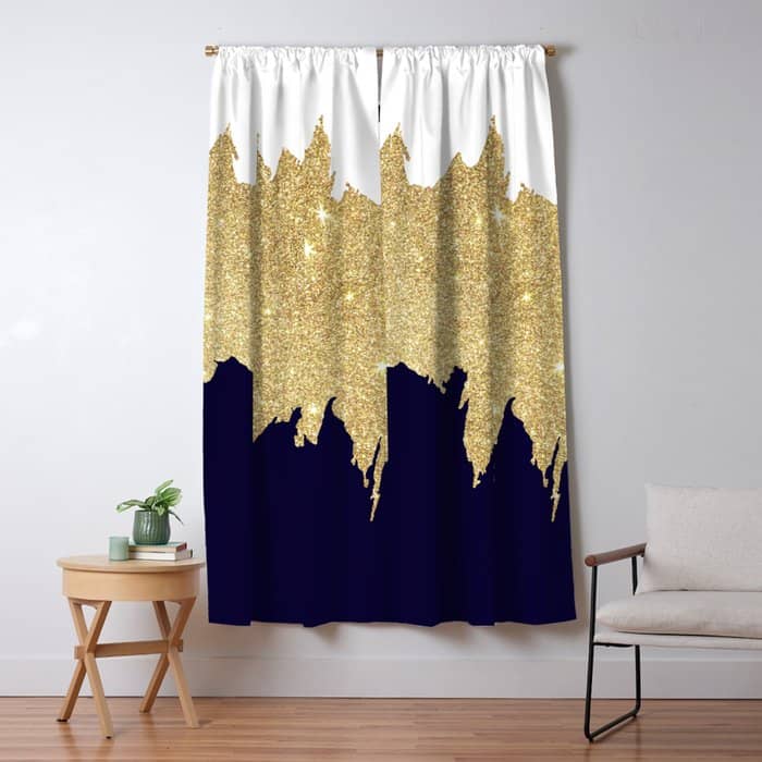 Modern Navy Blue White Faux Gold Glitter Brushstrokes Window Curtain