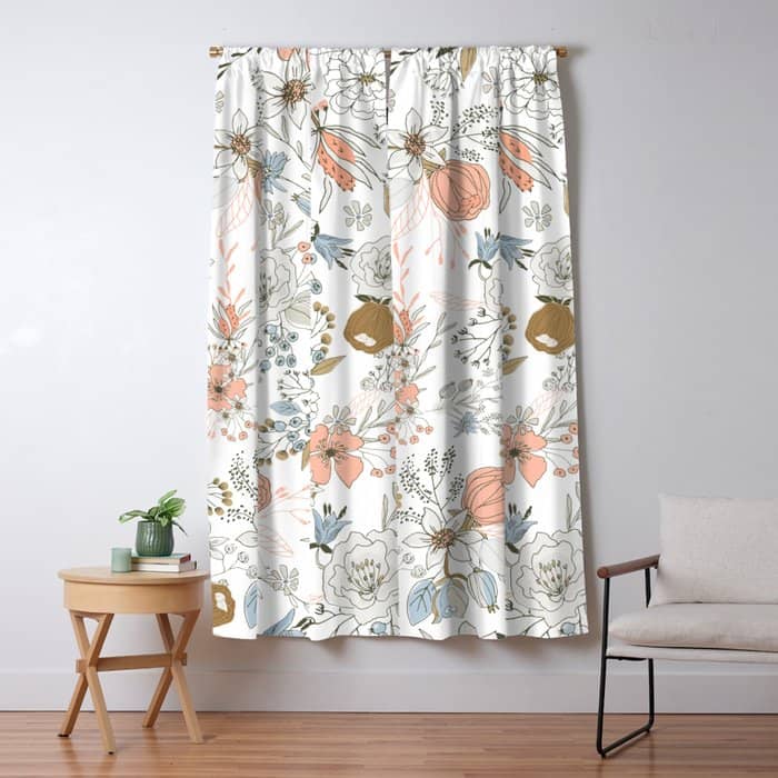 Abstract Modern Coral White Pastel Rustic Floral Window Curtain