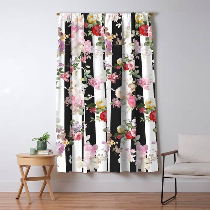 Bold Pink Watercolor Roses Floral Black White Stripes Window Curtain