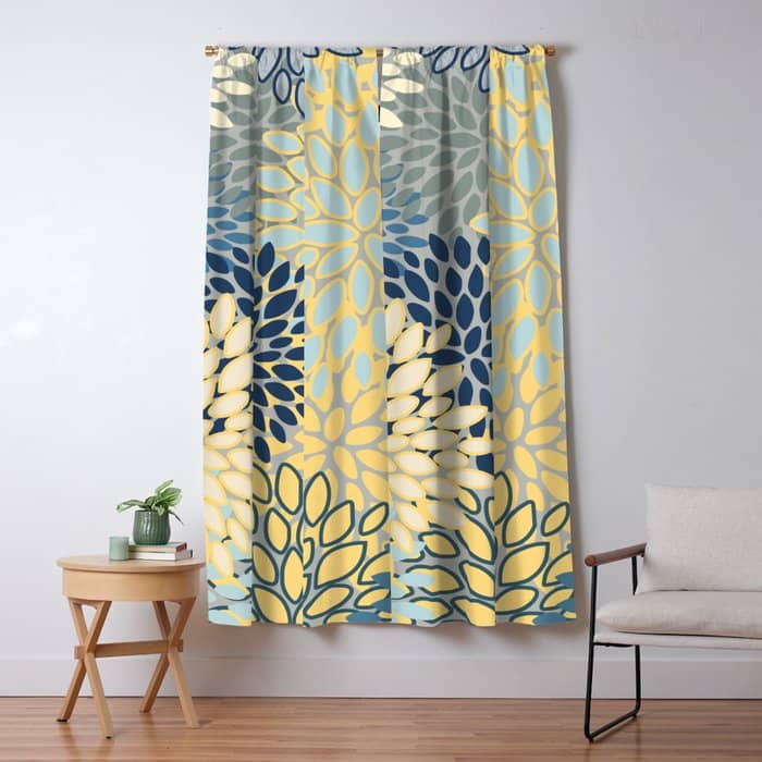 Floral Print, Yellow, Gray, Blue, Teal Window Curtain