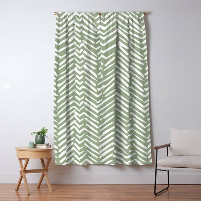 Boho, Abstract, Herringbone Pattern, Sage Green And White Window Curtain