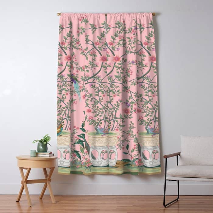 Chinoiserie Pink Fresco Floral Garden Birds Oriental Botanical Window Curtain