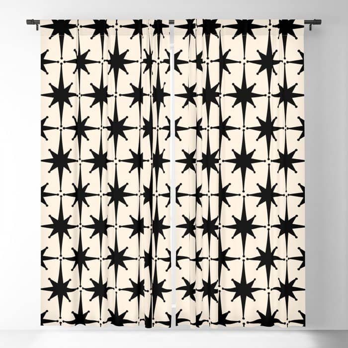 Midcentury Modern Atomic Age Starburst Pattern In Black And Almond Cream Window Curtain