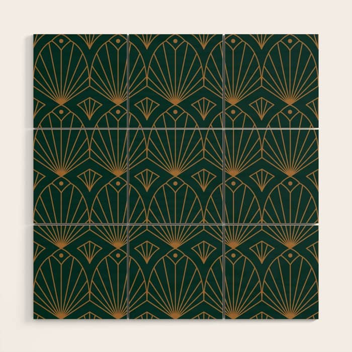 Art Deco Emerald Green & Gold Pattern Wood Wall Art