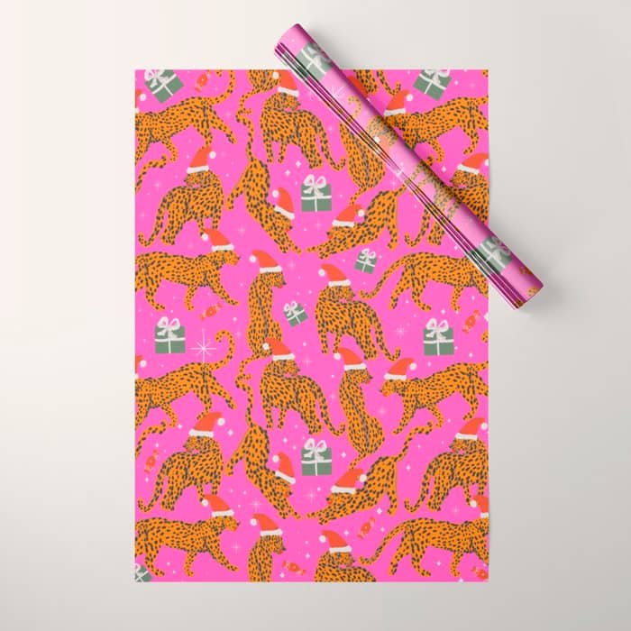 Fashionable Cats With Christmas Hats And Gifts In Fuchsia Pink Background  Wrapping Paper