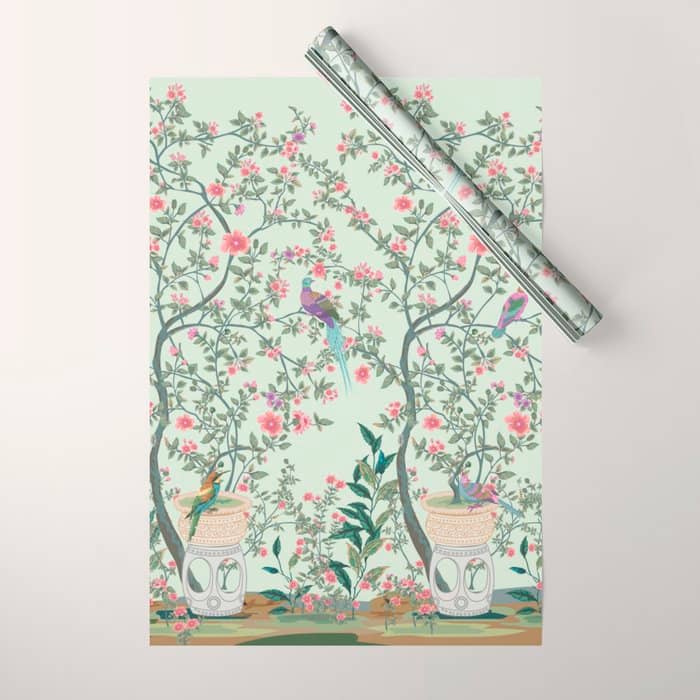 Chinoiserie Mint Green Pastel Fresco Floral Garden Birds Oriental Botanical Wrapping Paper