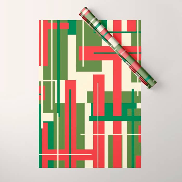 Mid Century Modern Deconstructed Christmas Plaid Pattern In Retro Red, Olive Green, And Xmas Cream Wrapping Paper